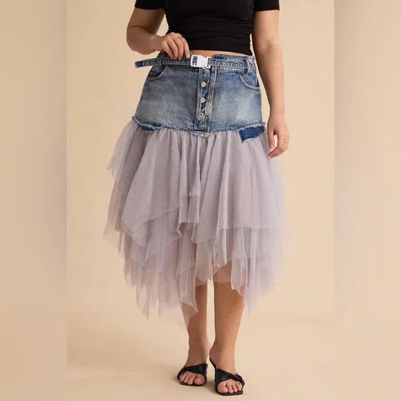 Nwt Micas Denim Mesh Patchwork High Waist denim and tulle Skirt - Picture 6 of 17